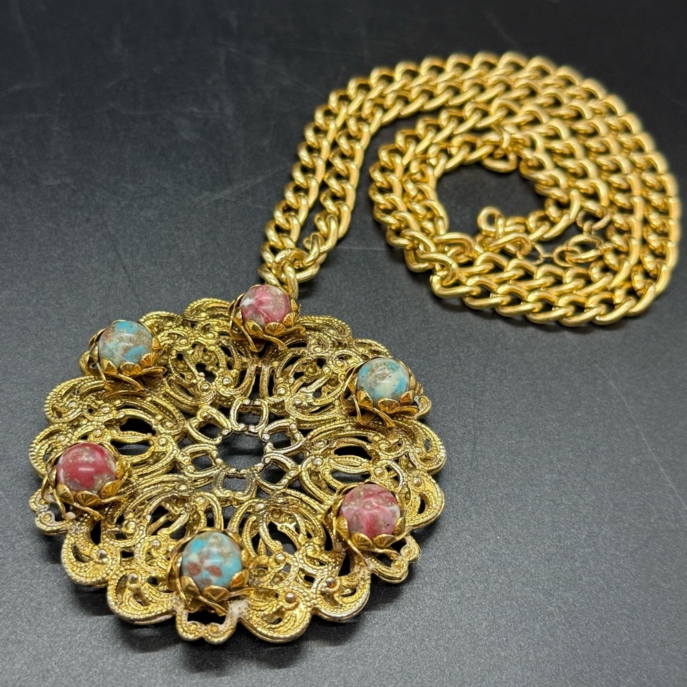 Vintage Gold Filigree Statement Necklace w/ Speckled Pink and Blue Beads